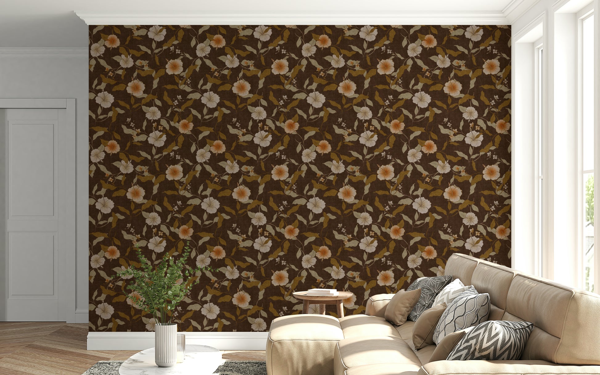 Hibiscus and foliage design wallpaper in deep color tones.