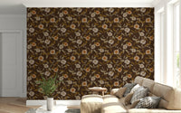 Hibiscus and foliage design wallpaper in deep color tones.