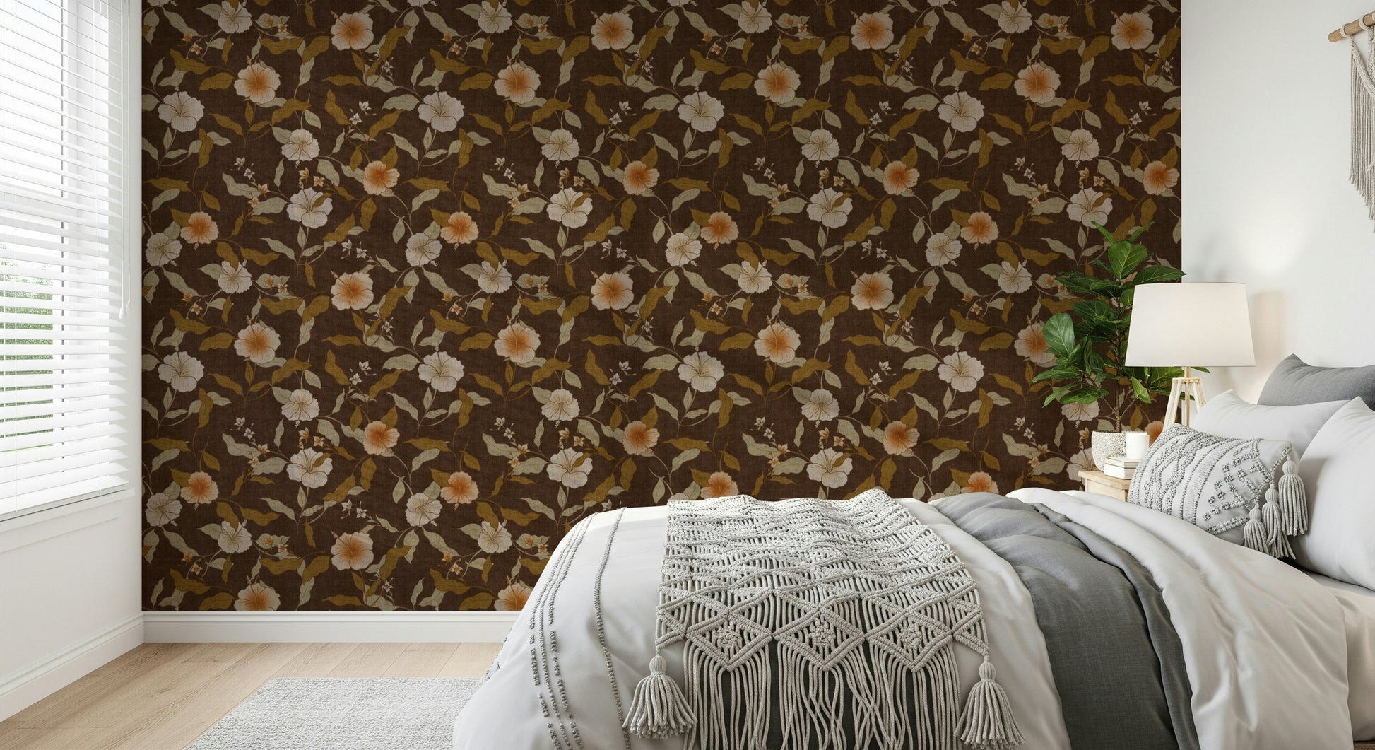 Dark academia floral wall covering Faded Tropical Floral peelable.