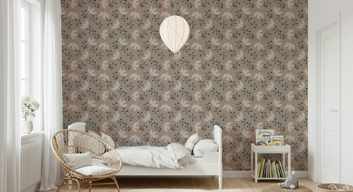 Dove & Berry Delight charming bird wallpaper mural design.