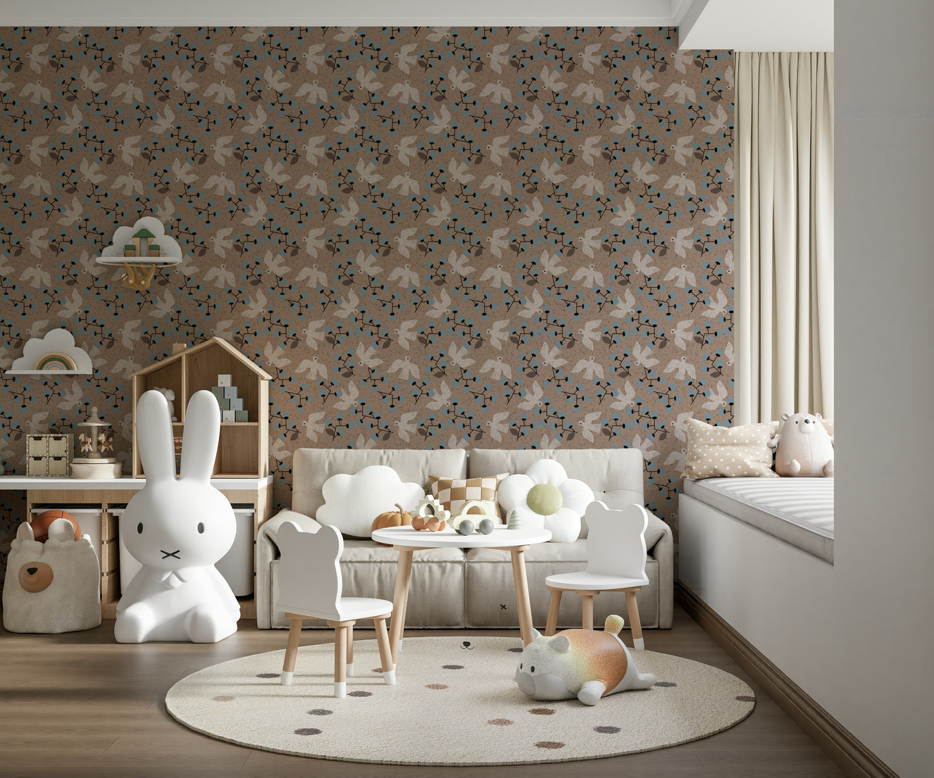 Beige repeating dove pattern Dove & Berry Delight wallcovering.