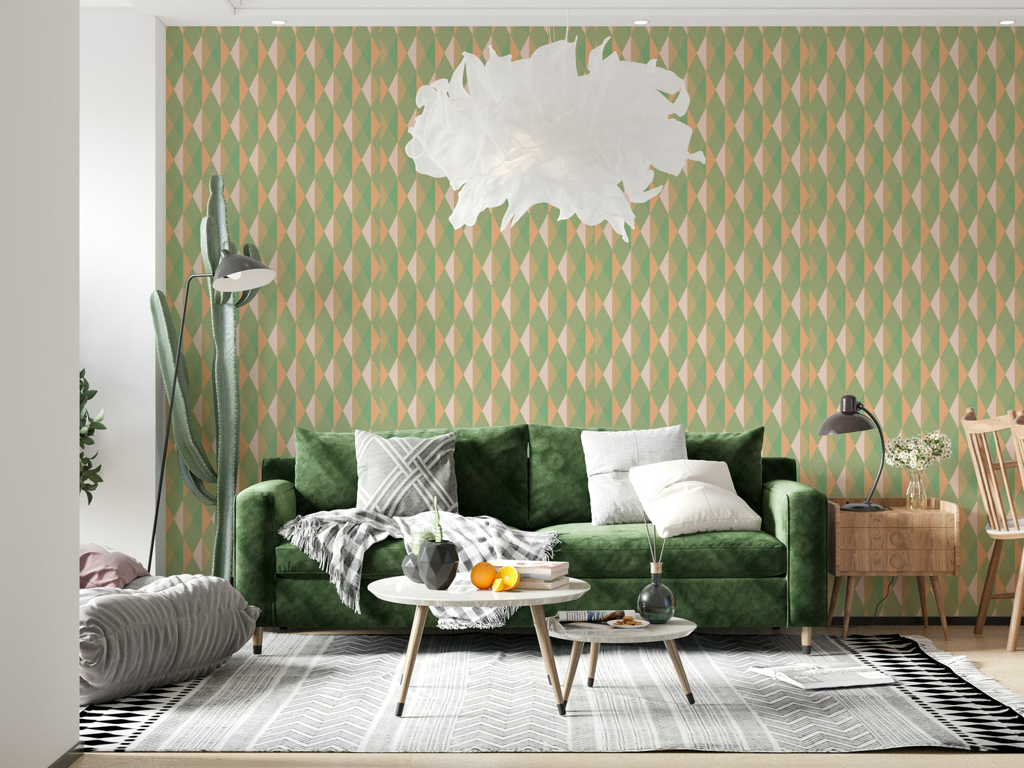 Symmetrical tile effect Mint & Peach Triangles green wallpaper.