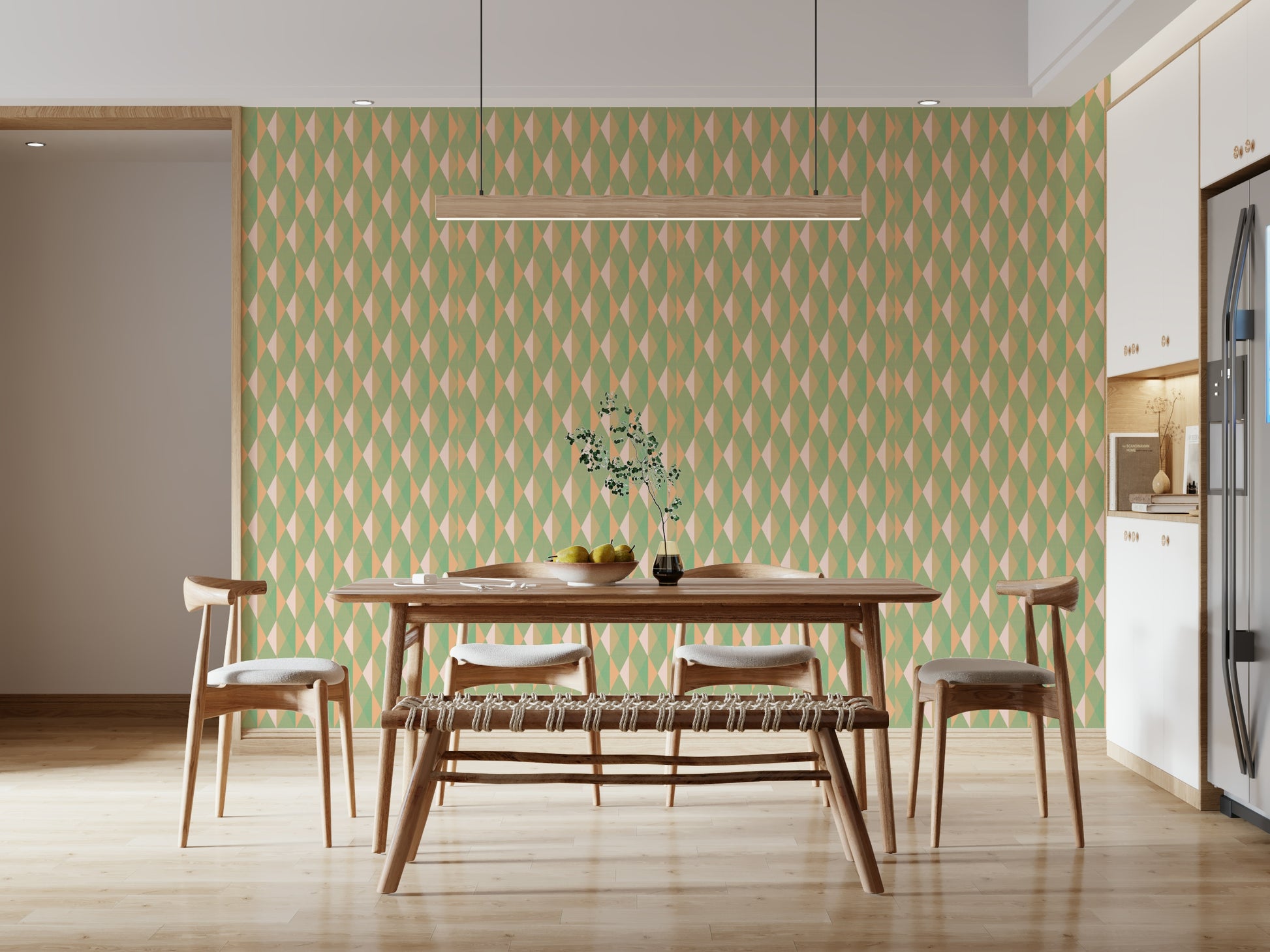 Abstract diamond grid wall mural in calming green tones.
