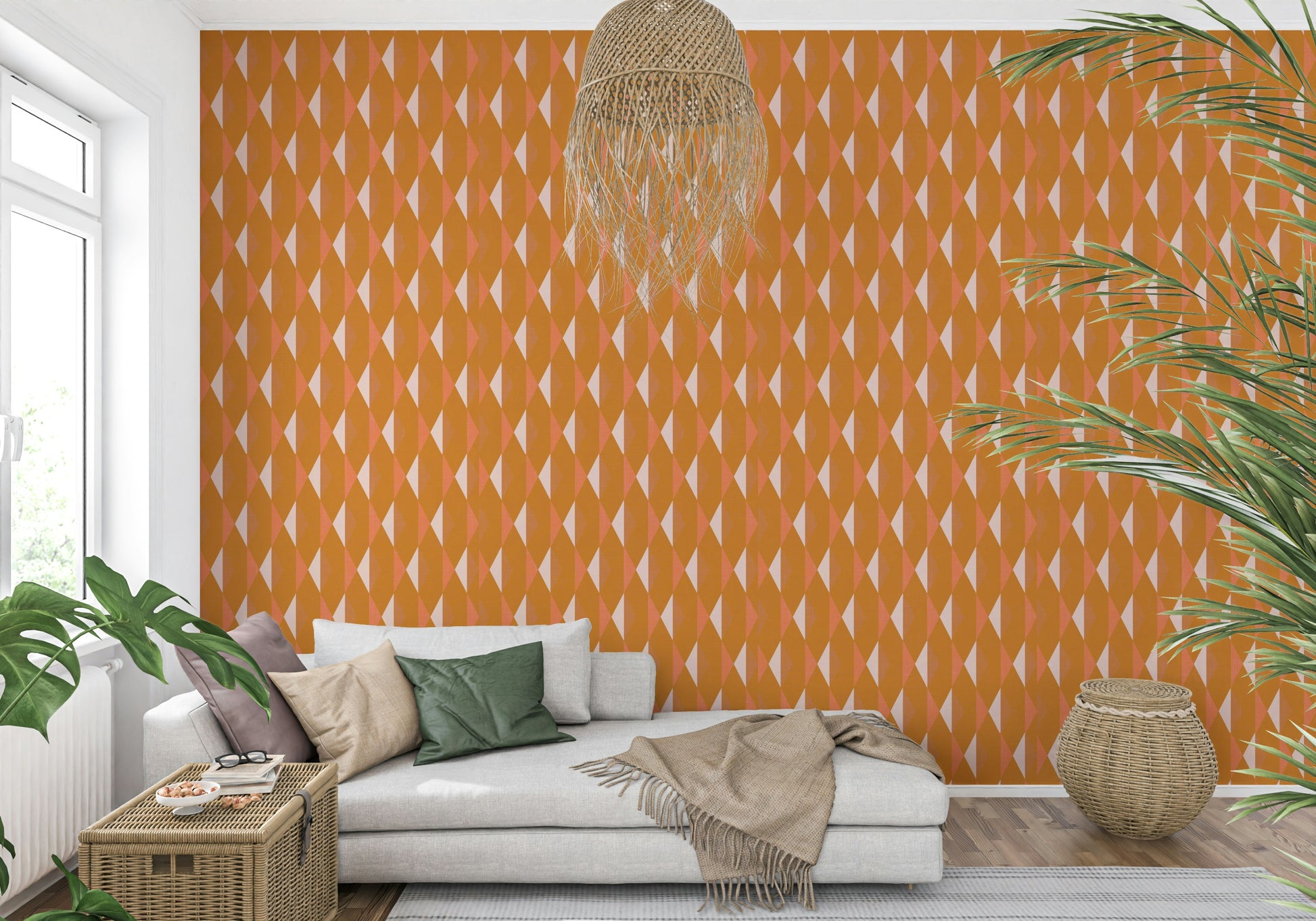 Striking dimensional wallpaper design of angular tiles.