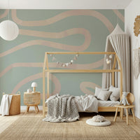 Muted green abstract peel and stick continuous curvy design.