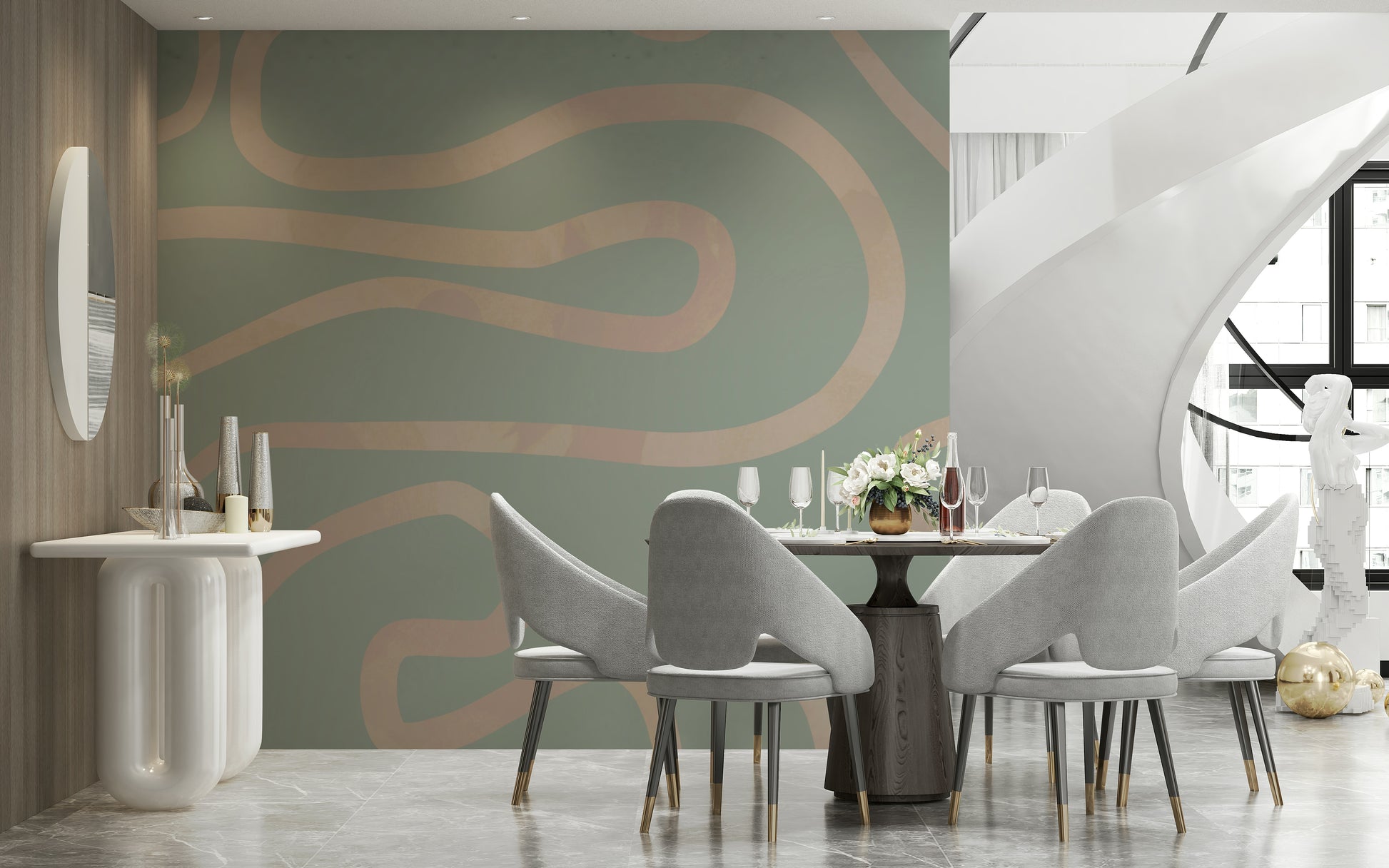 Soft green color meandering line wall mural serene aesthetic.