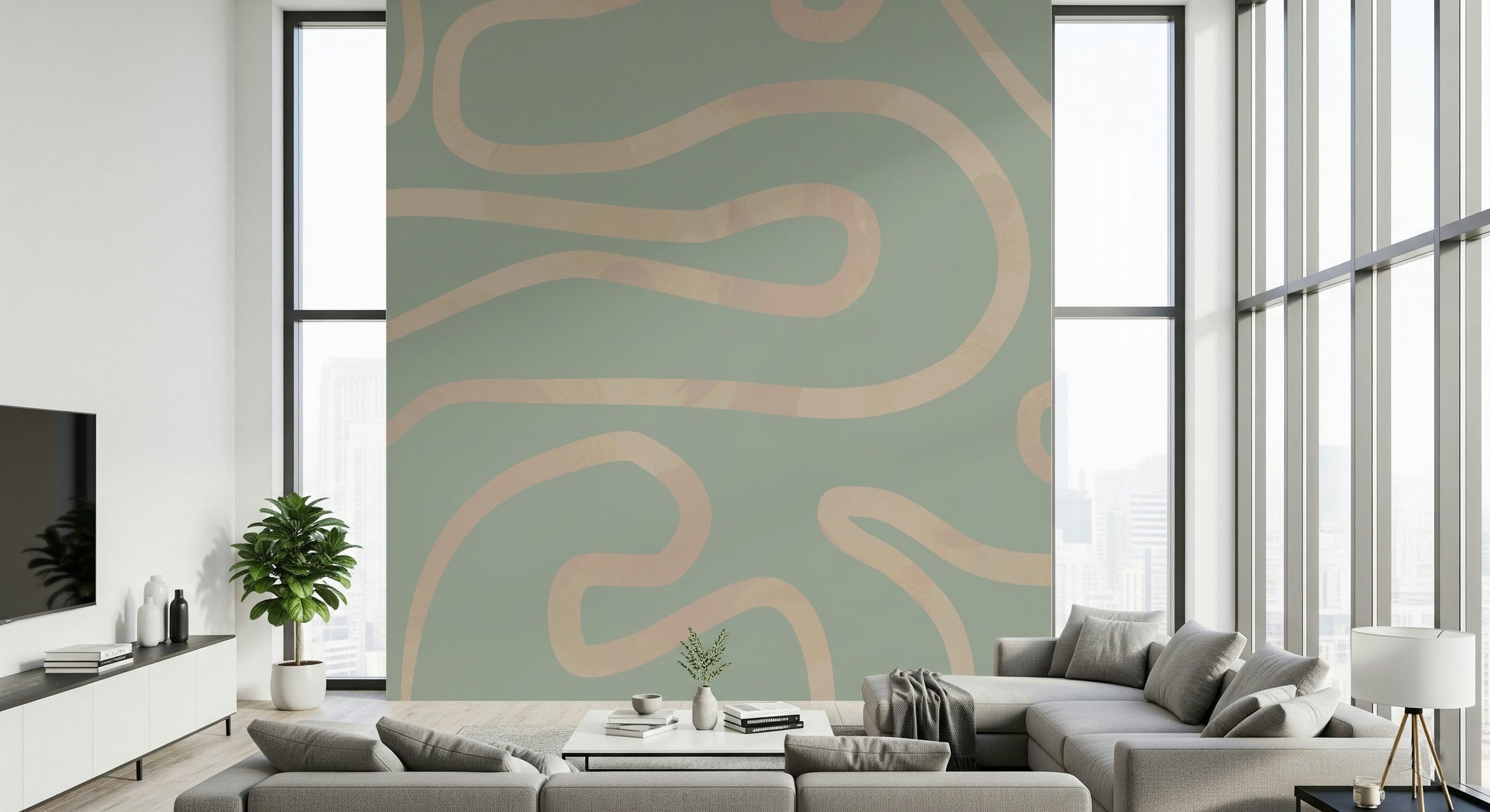 Sage green abstract mural gentle curve pattern flowing art.