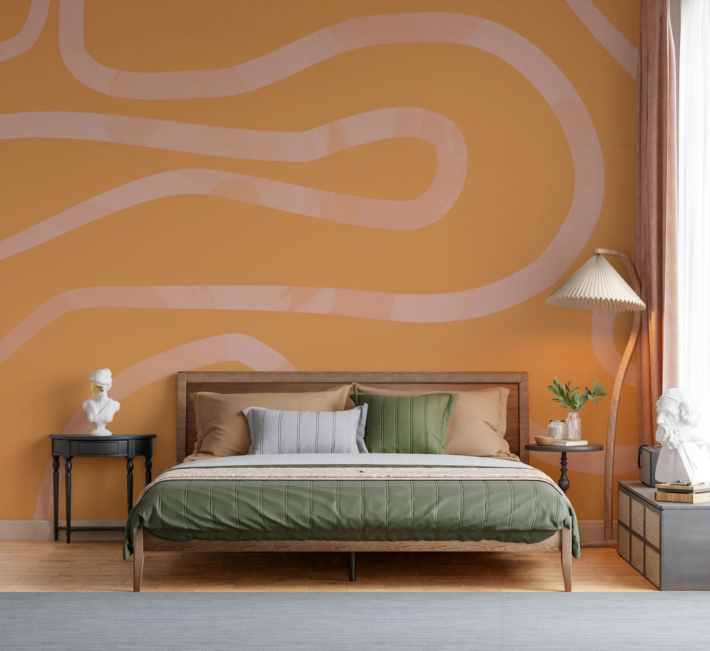 Soft peach color flowing line wall mural serene modern aesthetic.