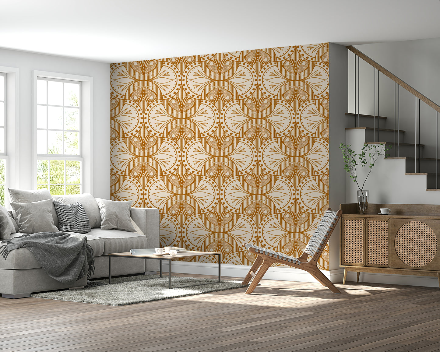Art Nouveau-inspired wall covering symmetrical butterfly repeating shapes.
