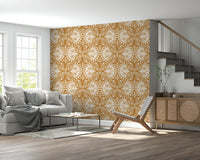 Art Nouveau-inspired wall covering symmetrical butterfly repeating shapes.