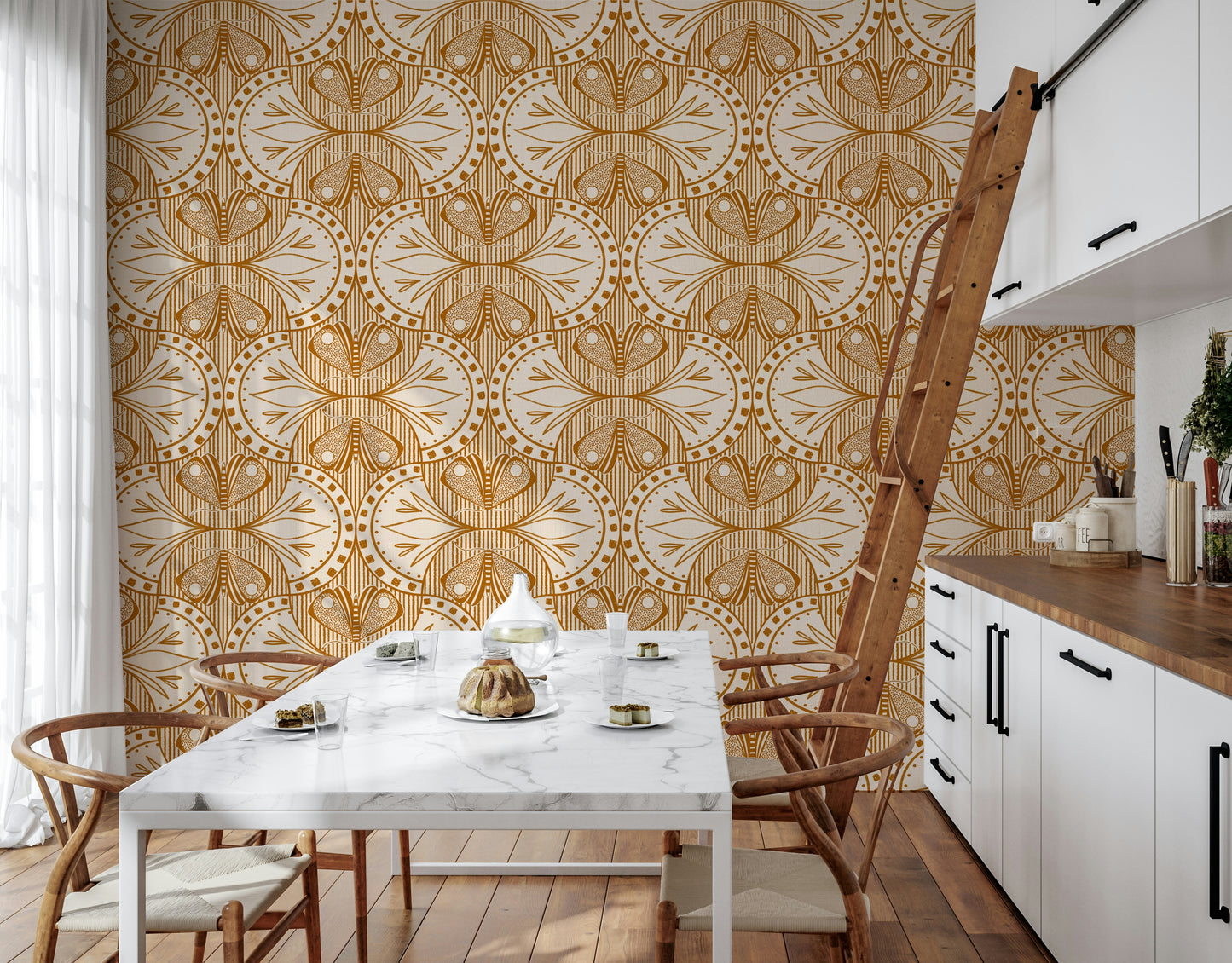 Symmetrical Art Nouveau bloom and insect wallpaper mural aesthetic.