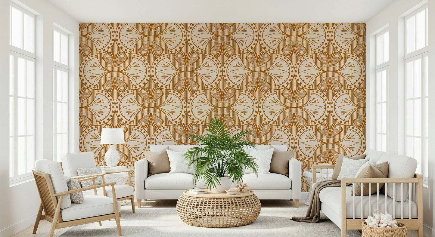 Orange Butterfly Floral wallpaper vintage style symmetrical wall covering.