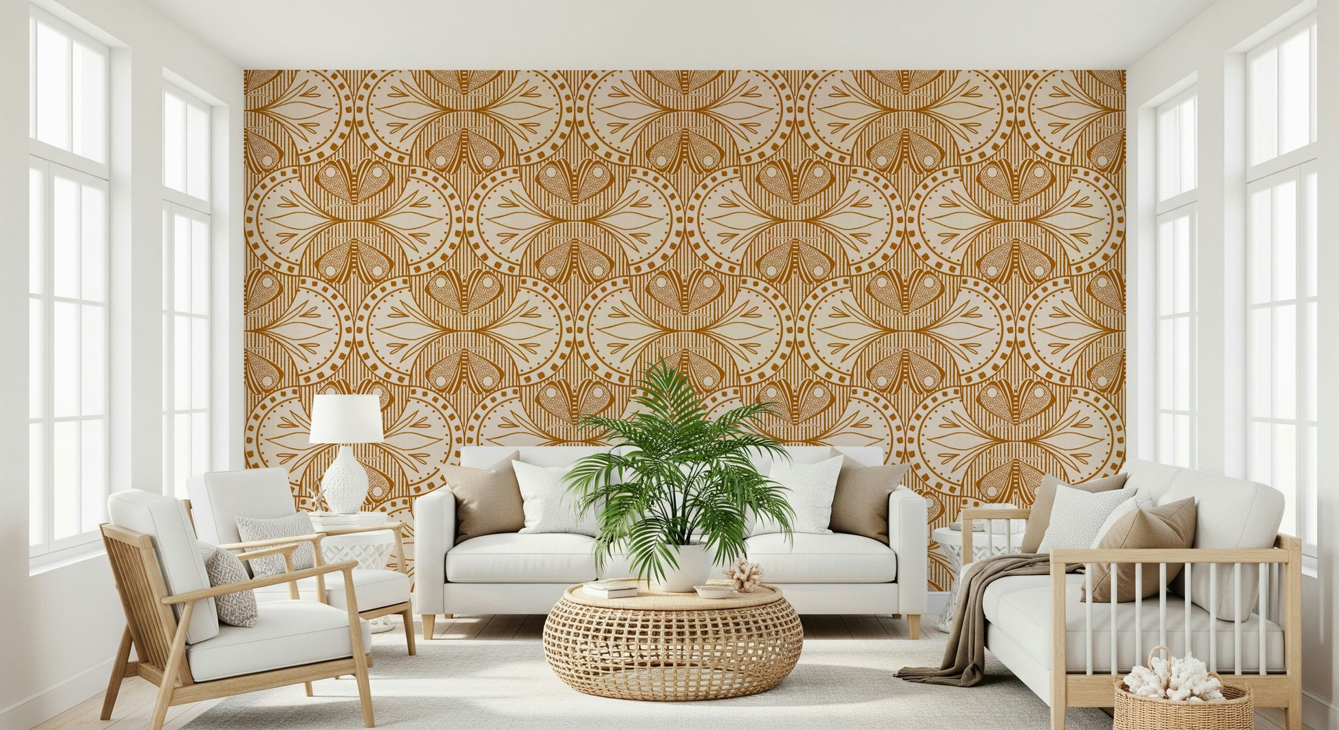 Orange Butterfly Floral wallpaper vintage style symmetrical wall covering.
