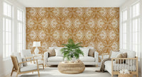 Orange Butterfly Floral wallpaper vintage style symmetrical wall covering.