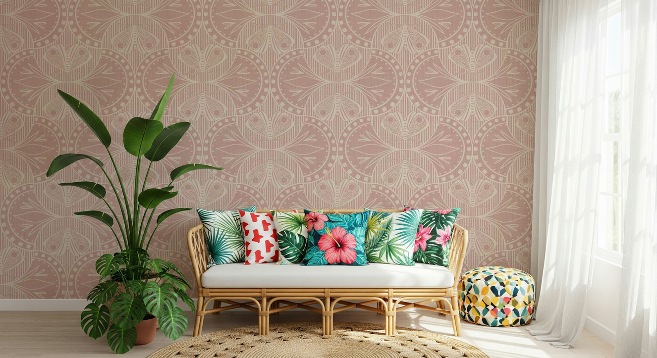 Intricate Dusty Pink Art Nouveau butterfly wallpaper design statement.