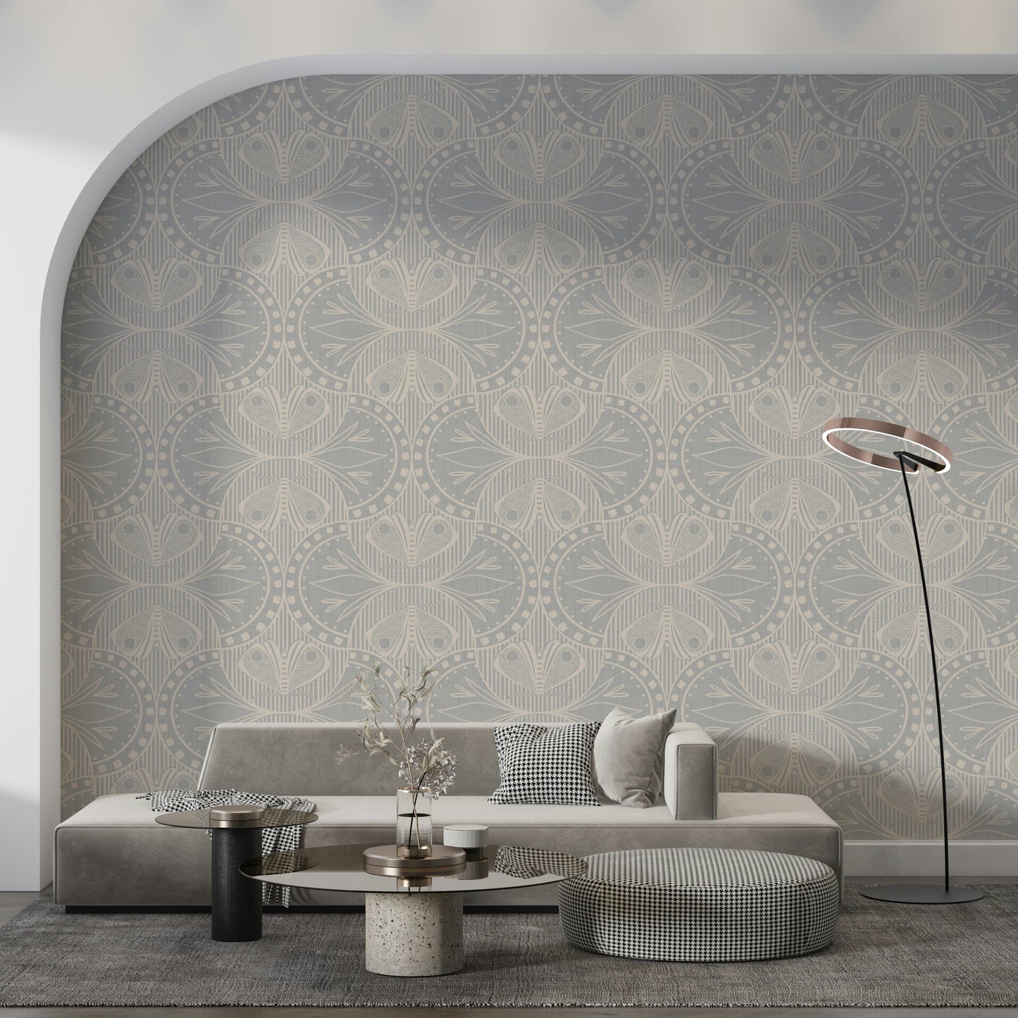 Light grey wallpaper for walls, symmetrical graphics, decorative room finish.