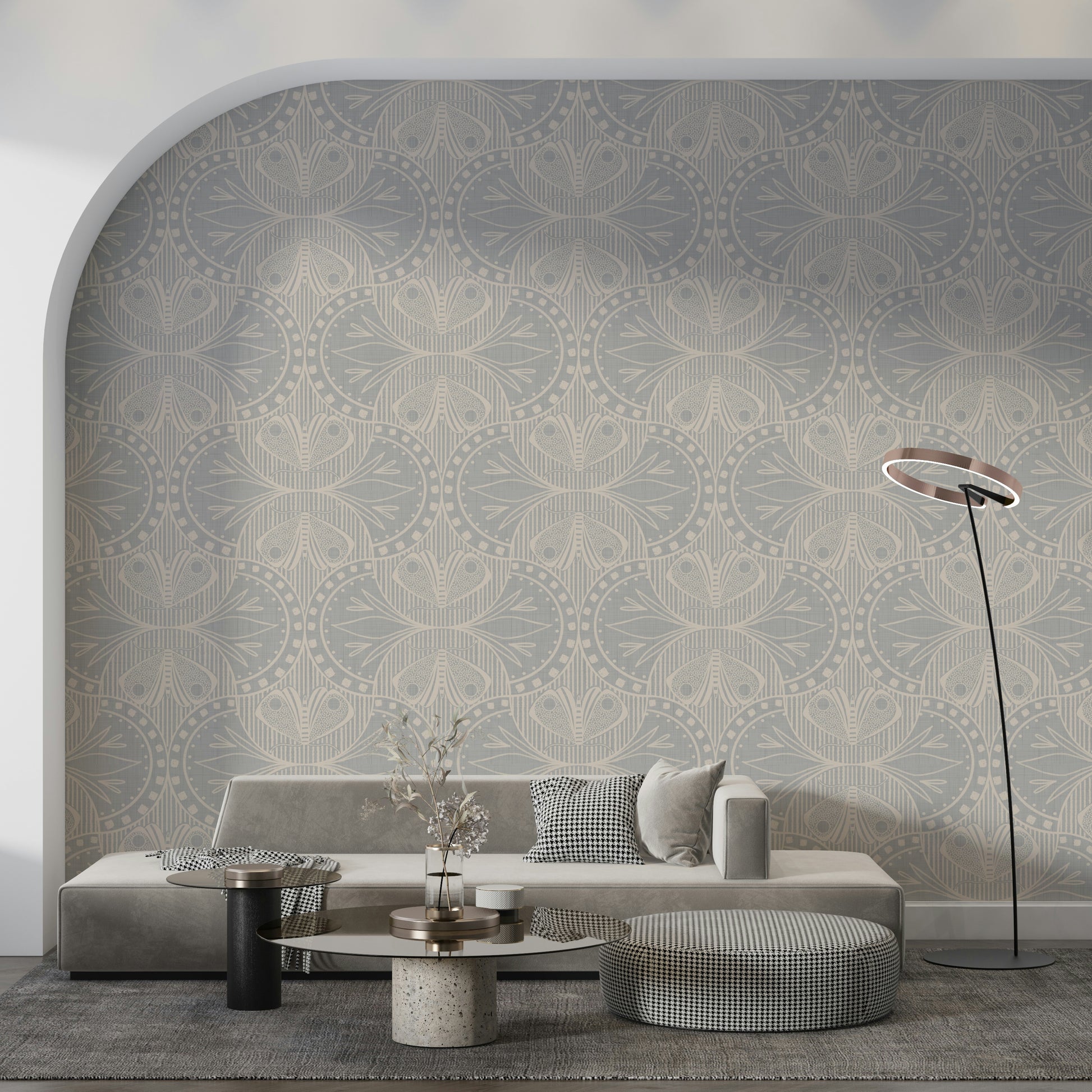 Light grey wallpaper for walls, symmetrical graphics, decorative room finish.