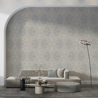 Light grey wallpaper for walls, symmetrical graphics, decorative room finish.