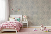 Ornate winged bug pattern wallpaper, misty grey background, refined texture.