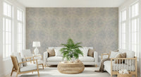 Subtle grey wall mural with elegant pale moth figures, intricate detailing.