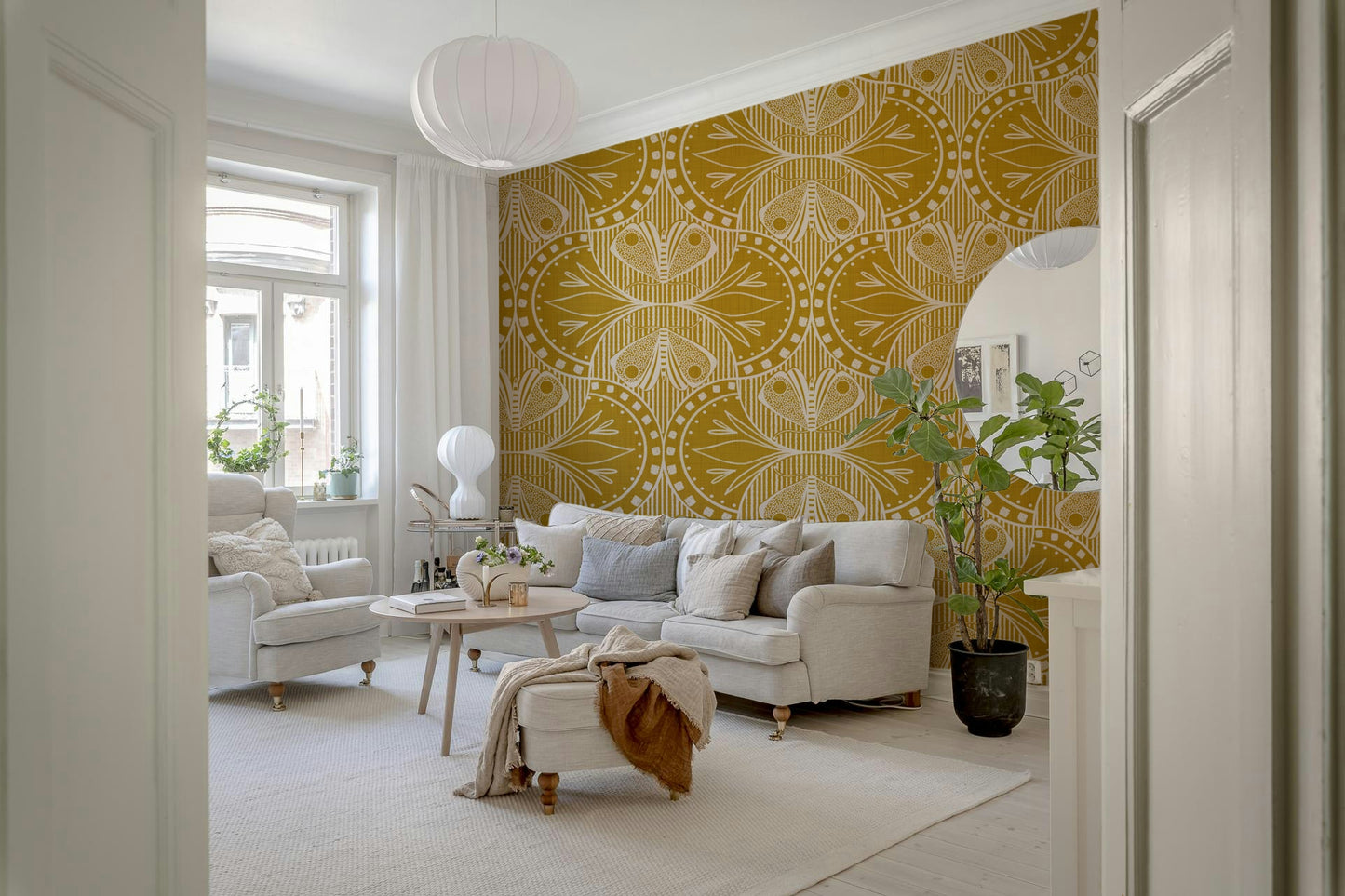 Mustard gold wallpaper for walls, symmetrical graphics, decorative furnishing.
