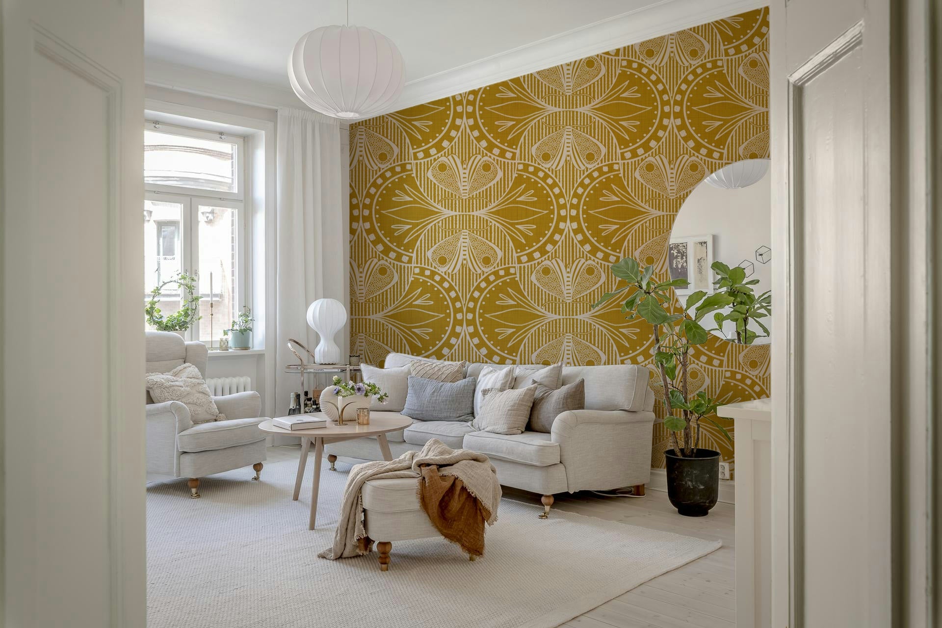Mustard gold wallpaper for walls, symmetrical graphics, decorative furnishing.