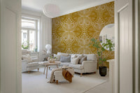 Mustard gold wallpaper for walls, symmetrical graphics, decorative furnishing.