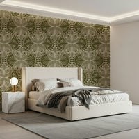 Olive drab wallpaper for walls, symmetrical moth design, ornamental accent.