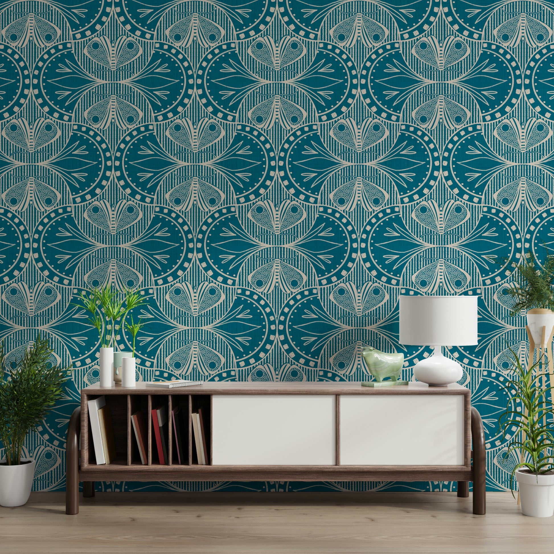 Detailed teal blue wall mural with white Art Deco style butterfly pattern.