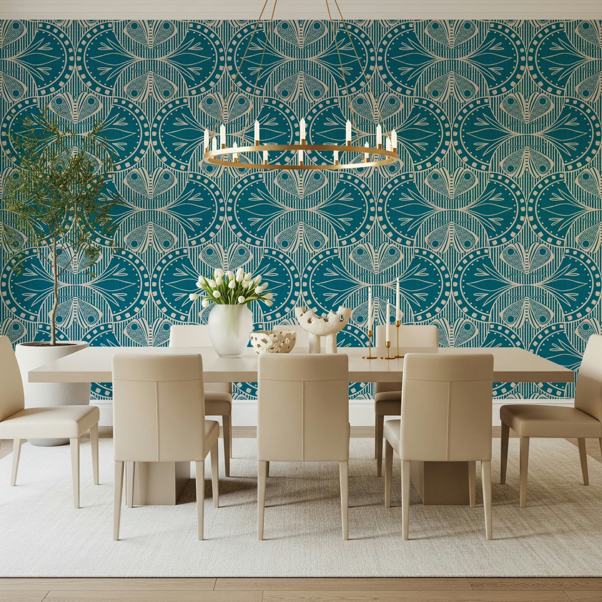 Art Nouveau Butterfly Floral Teal Blue, swirling botanical forms wall covering.