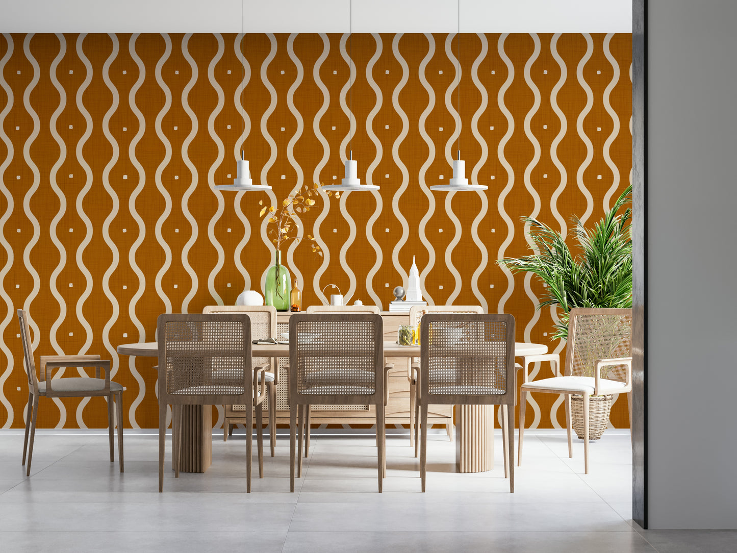 Vintage inspired wavy pattern wallpaper, rich rust color, creamy accents.