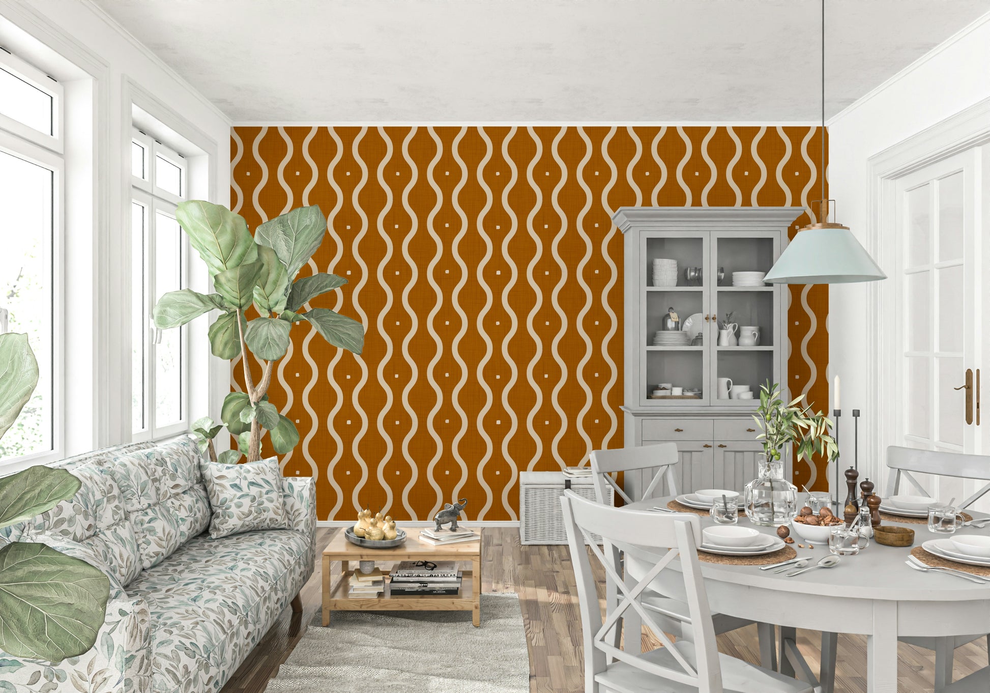 Artistic wavy stripe wall mural, terracotta background, pale contrasting shapes.