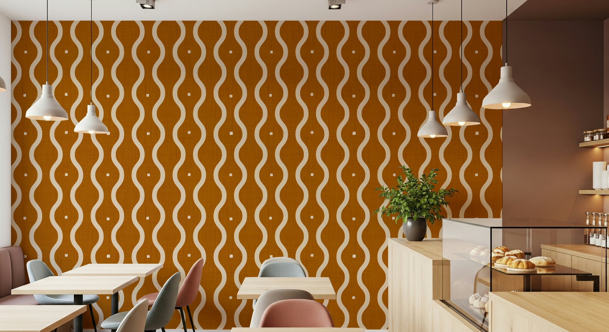 Stylized wave repeat wallpaper for walls, cozy amber hue, clean minimalist waves.
