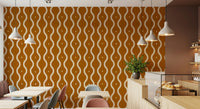Stylized wave repeat wallpaper for walls, cozy amber hue, clean minimalist waves.