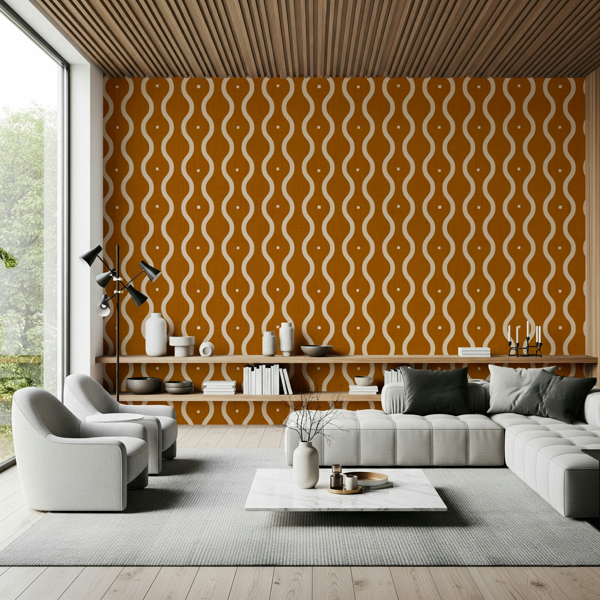 Modern flowing waveform design wall mural, earthy tones, abstract style.