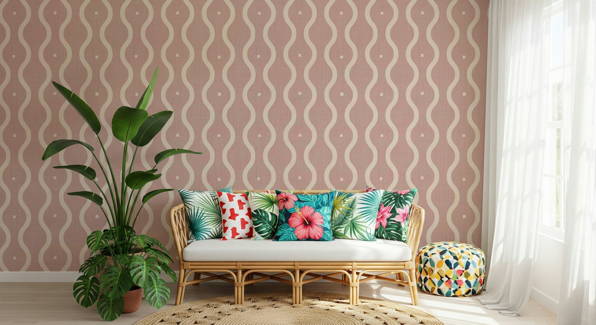 Retro Peach Waves wallpaper, subtle dotted squares, bold wavy lines.