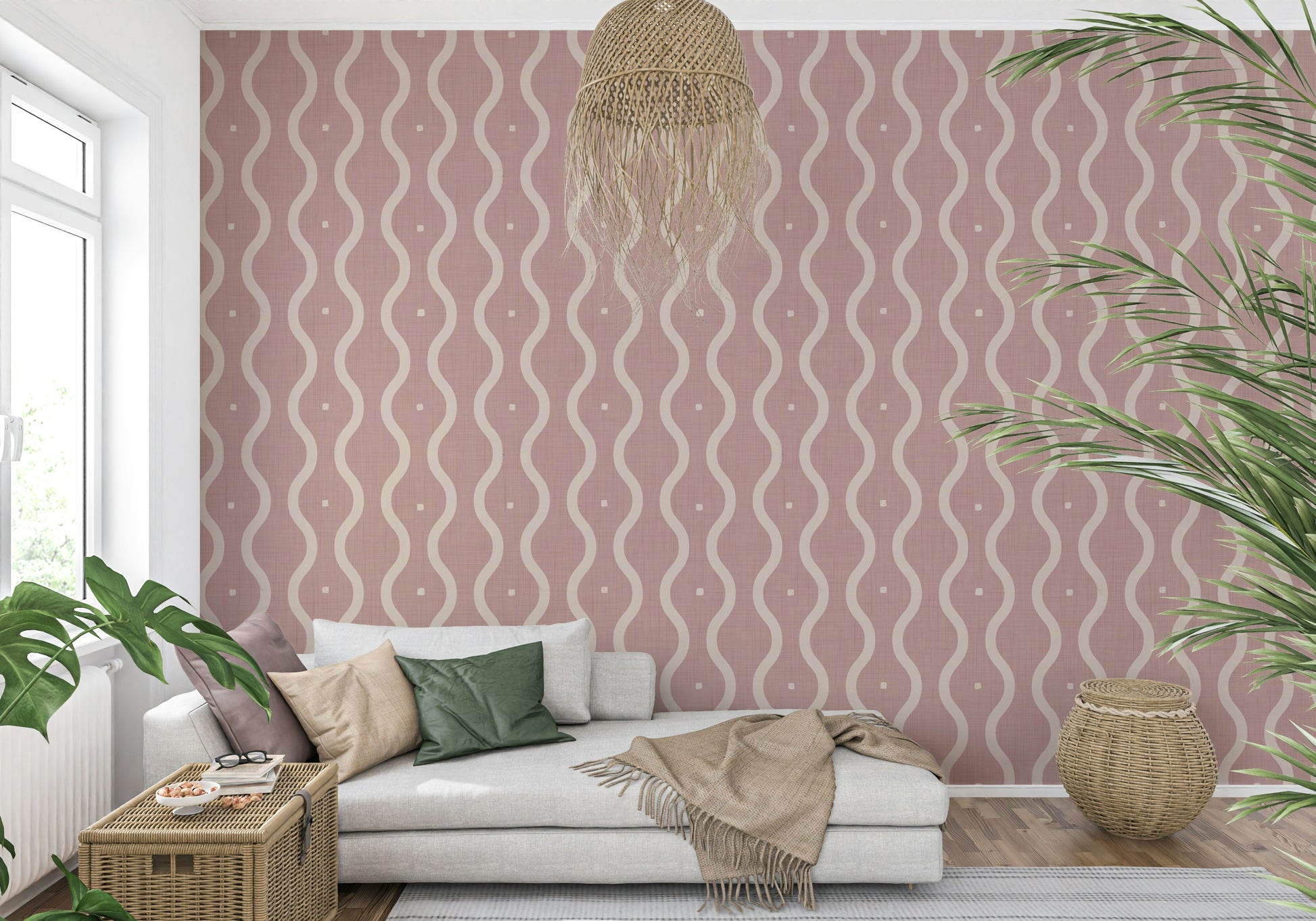 Textured wall mural, light cream wavy ribbons, playful geometric.