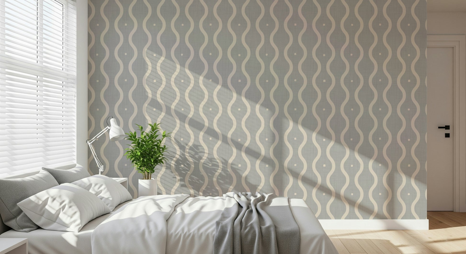 Modern wallpaper for walls, gentle curves, muted pale tones.