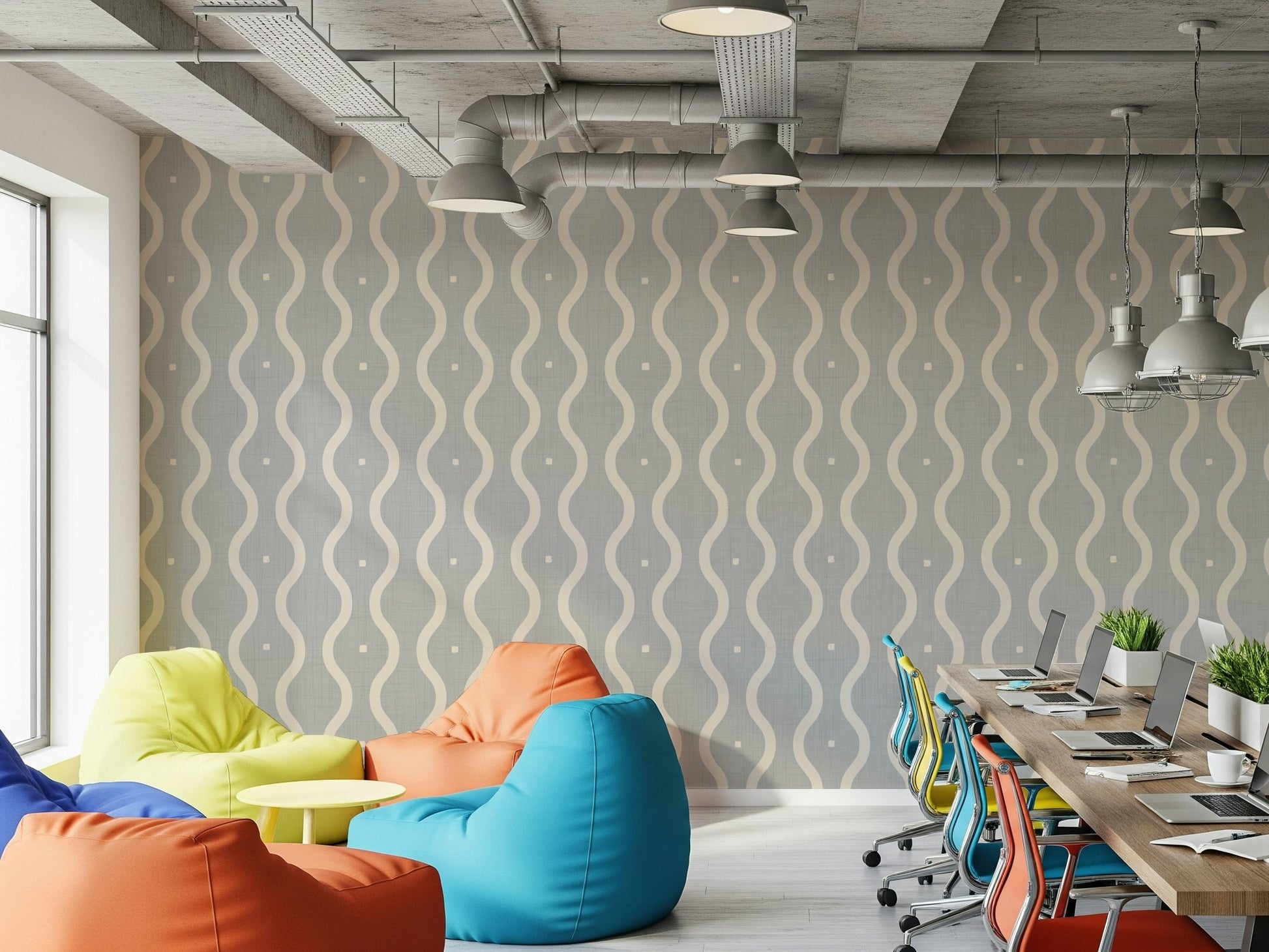 Textured wall mural, creamy wavy bands, understated sophistication.