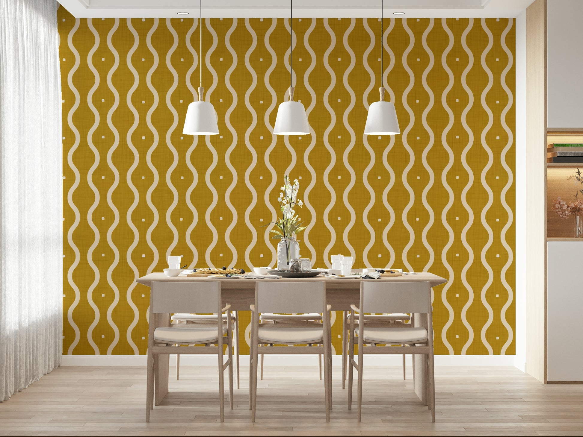 Wavy wall mural, mustard and cream aesthetic, textured backdrop feature.