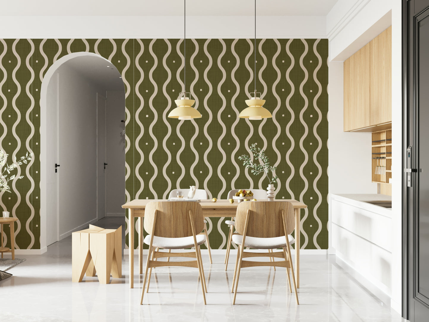Olive Grove Waves wall mural, chic geometric curve, organic texture.