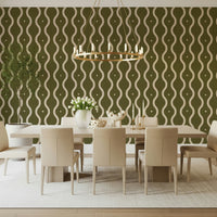 Olive Grove Waves wallpaper for walls, flowing design, serene green.