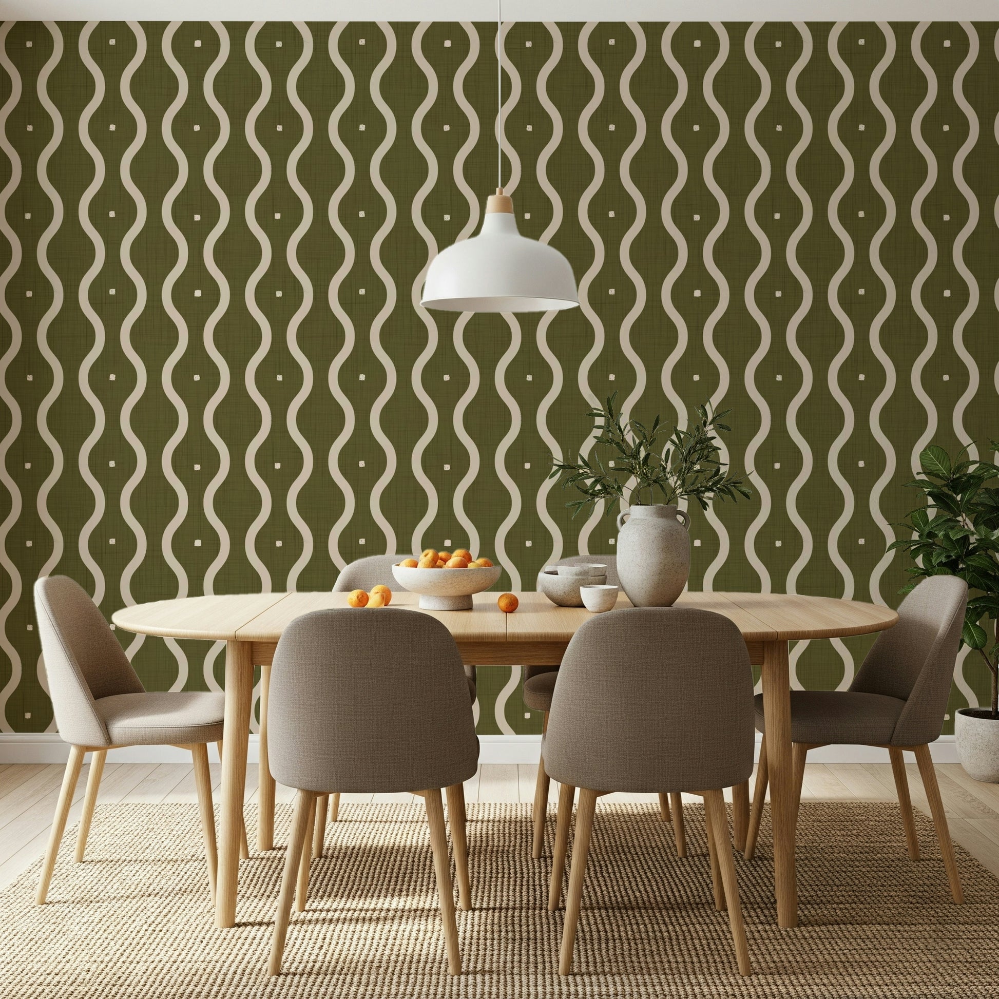 Serpentine lines wallcovering, earthy tones, modern decor, unique design.