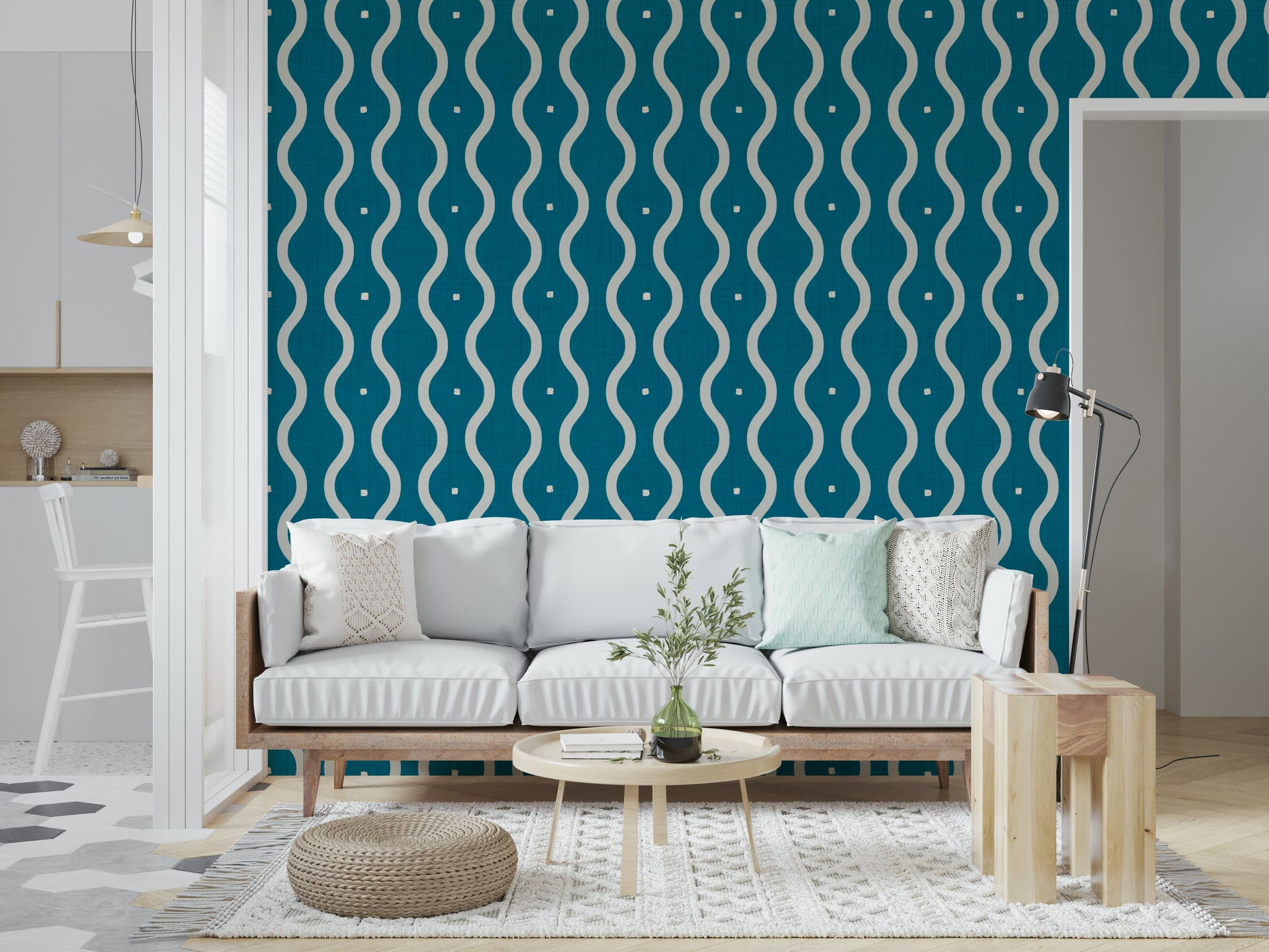 Stylish Retro Waves Teal wall mural chic pattern.