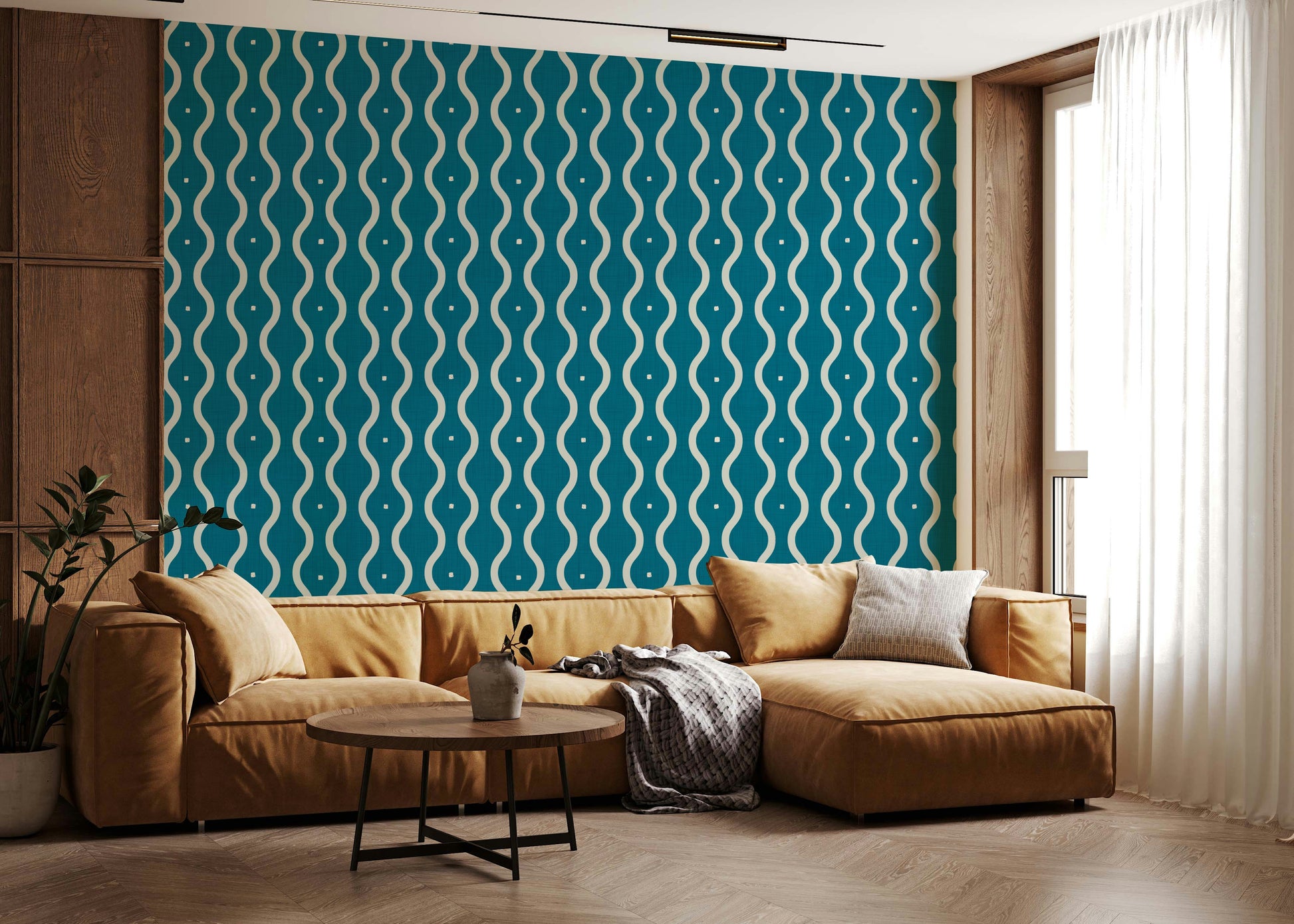 Retro Waves Teal teal gray wavy abstract mural.