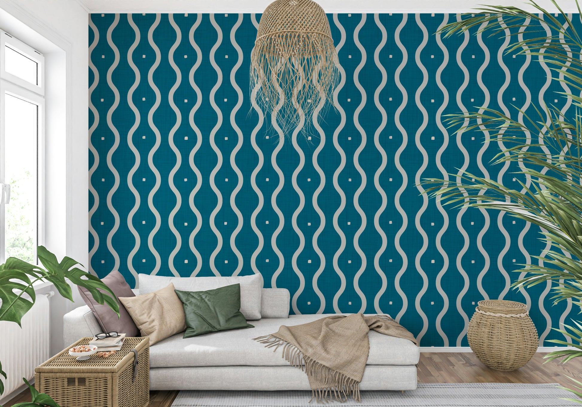 Retro Waves Teal geometric fabric look textured print wall mural.