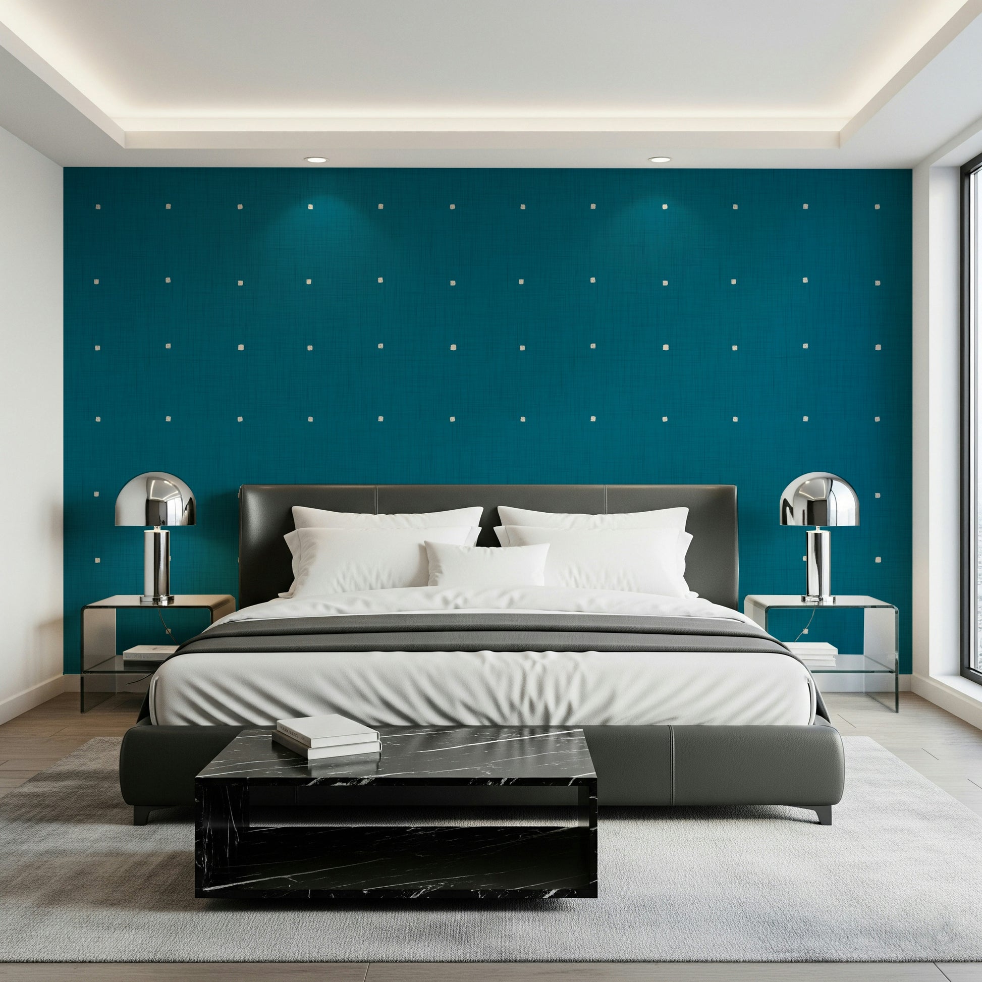 Artisan fabric squares wallpaper rich Teal shade print.