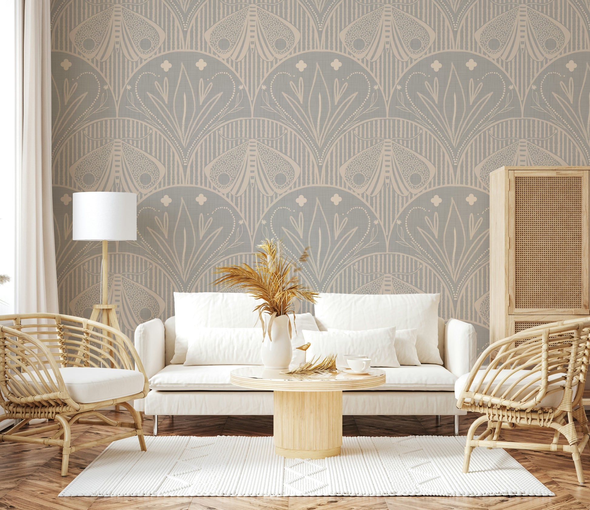Delicate moth scallop wall covering in soft light grey pattern.