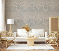 Delicate moth scallop wall covering in soft light grey pattern.