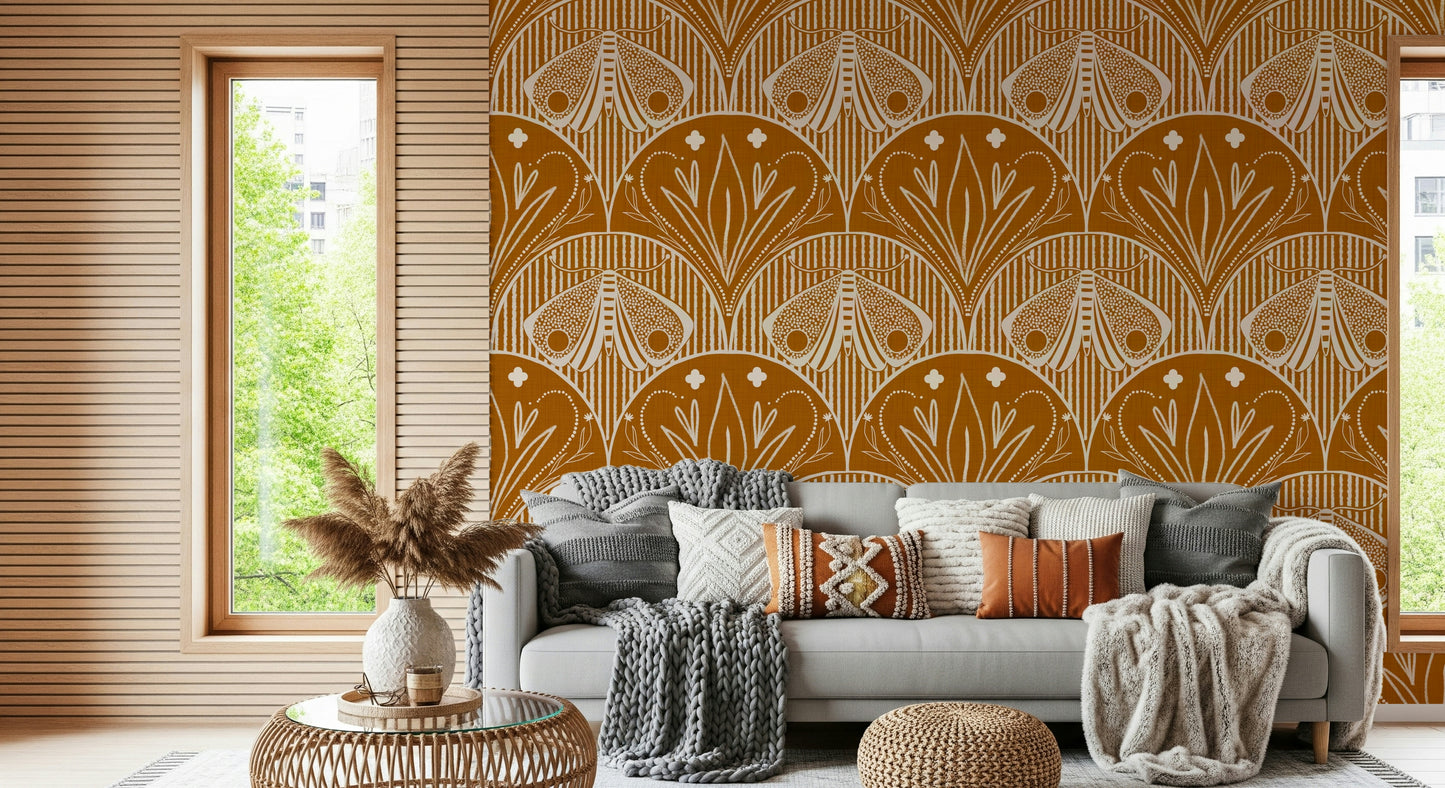 Boho Art Nouveau Scallop Butterfly Floral in Burnt Orange Wallpaper⁠